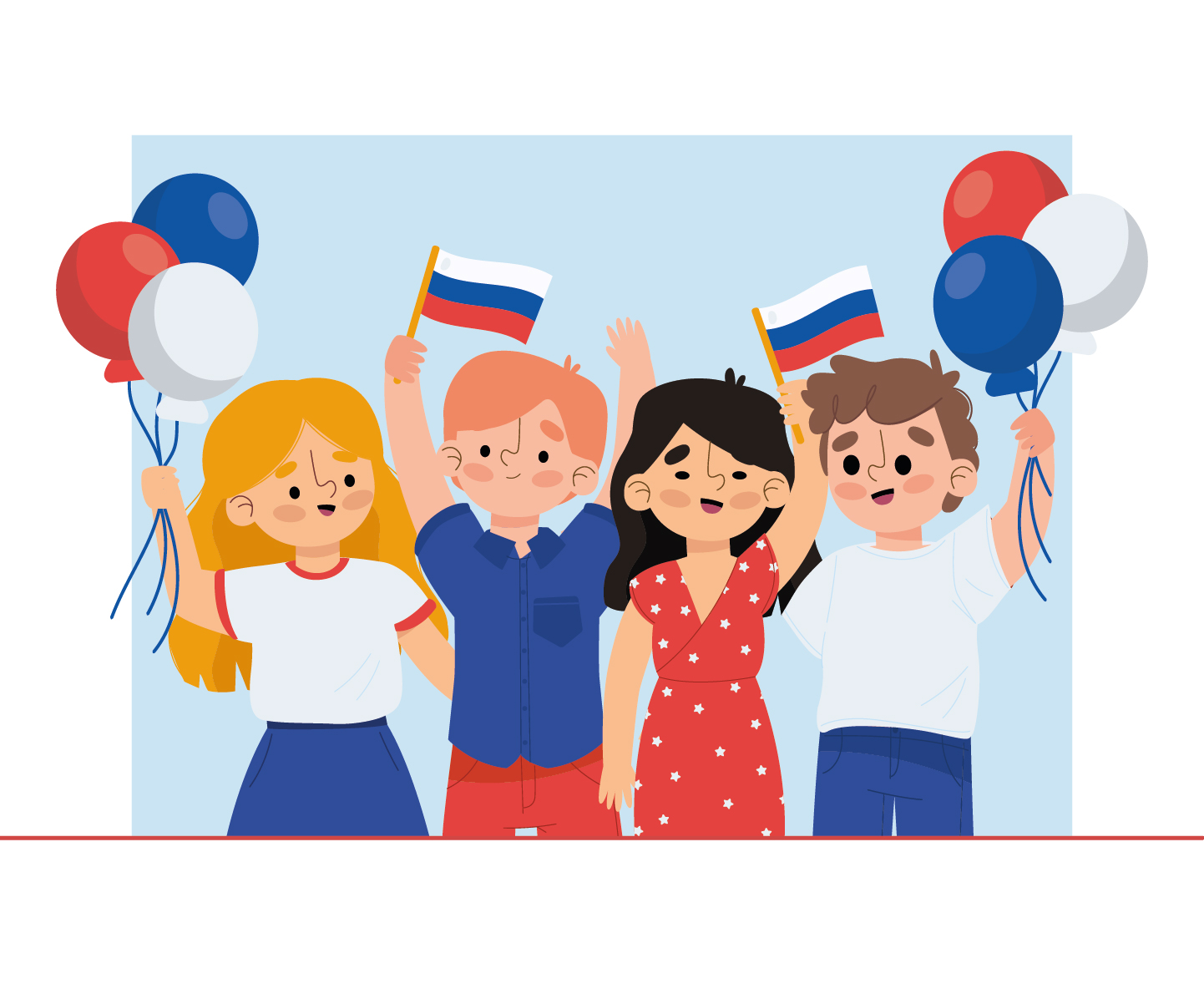 На картинке четверо детей, у них флаги России и воздушные шары.